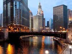 USA, Rzeka, Most, Wieżowce, Chicago